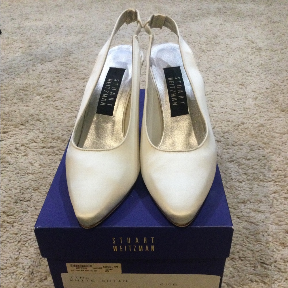 Stuart Weizmann zing white satin with jeweled heel